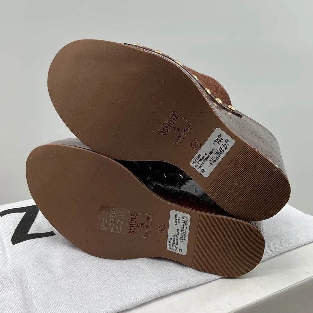 Schutz Brown Suede Platform Wedge Mules Studded Wood Grain Sandals Womens